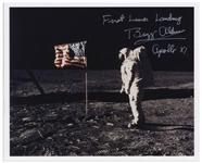 Buzz Aldrin Signed 10'' x 8'' ''First Lunar Landing'' Photo -- Aldrin Stands in Front of the U.S. Flag on the Moon